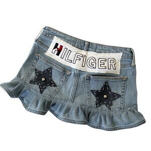 Upcycled Denim Micro Mini Skirt Ruffle Hem Y2K Western Patch Festival Blue